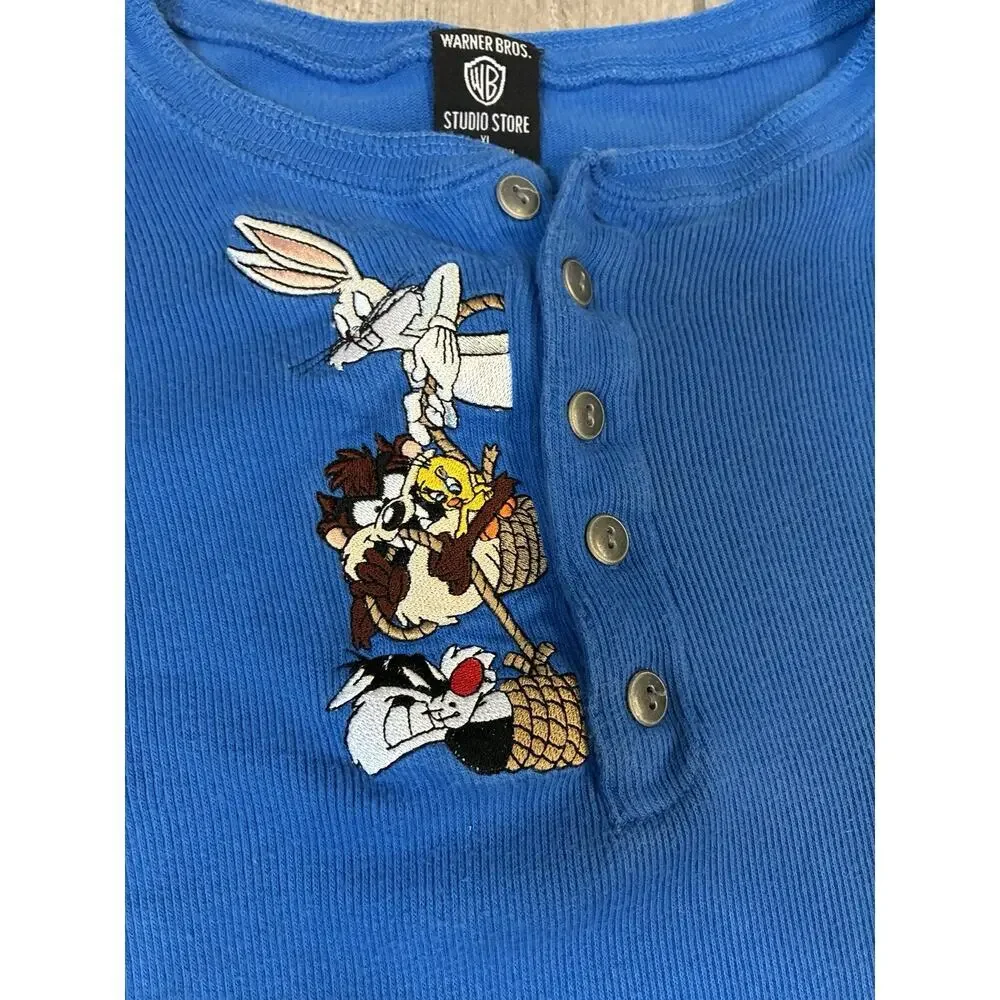 Vtg 90s Looney Tunes Embroidered Henley Shirt XL Blue Bugs Bunny Taz Warner Bros